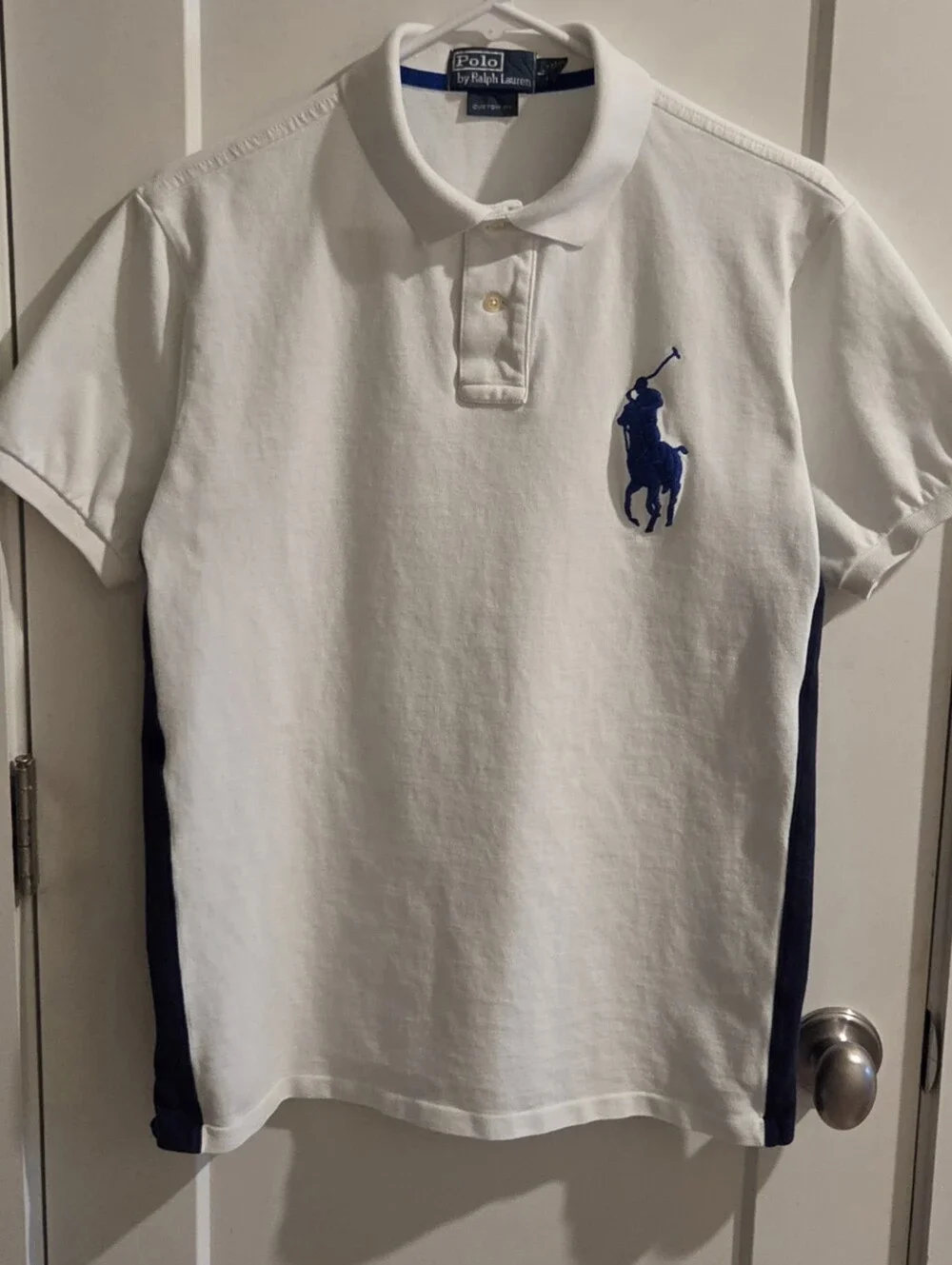 Ralph Lauren Big Pony Polo Shirt - Custom-Fit Size Large - White & Royal Blue
